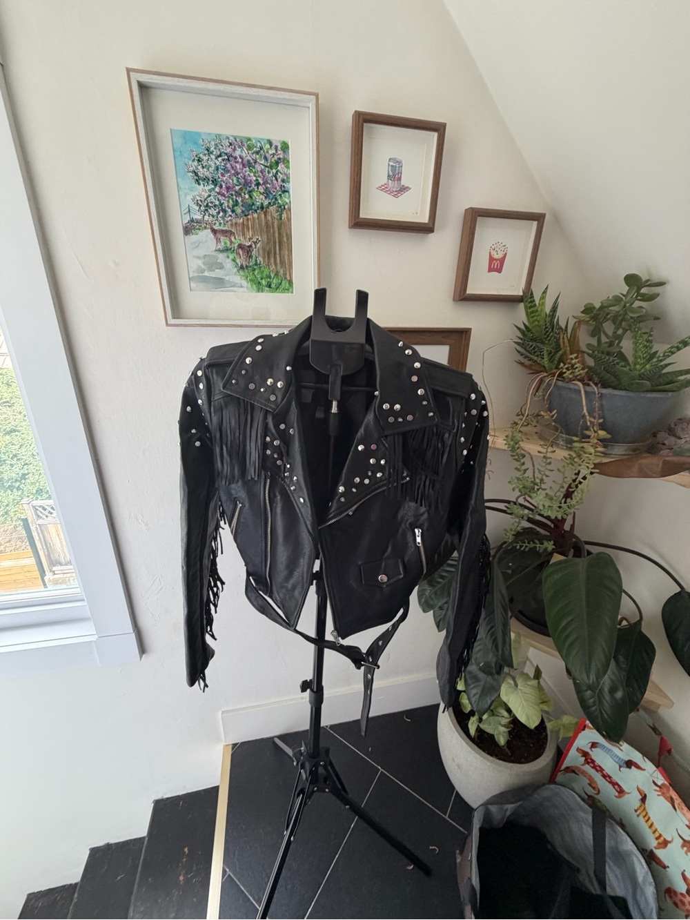Studded Black vegan Leather Fringe Moto Jacket